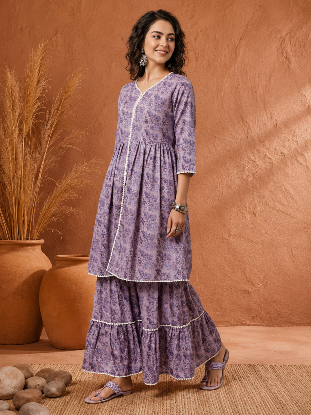 Lavender Floral Print Flared Kurta With Sharara