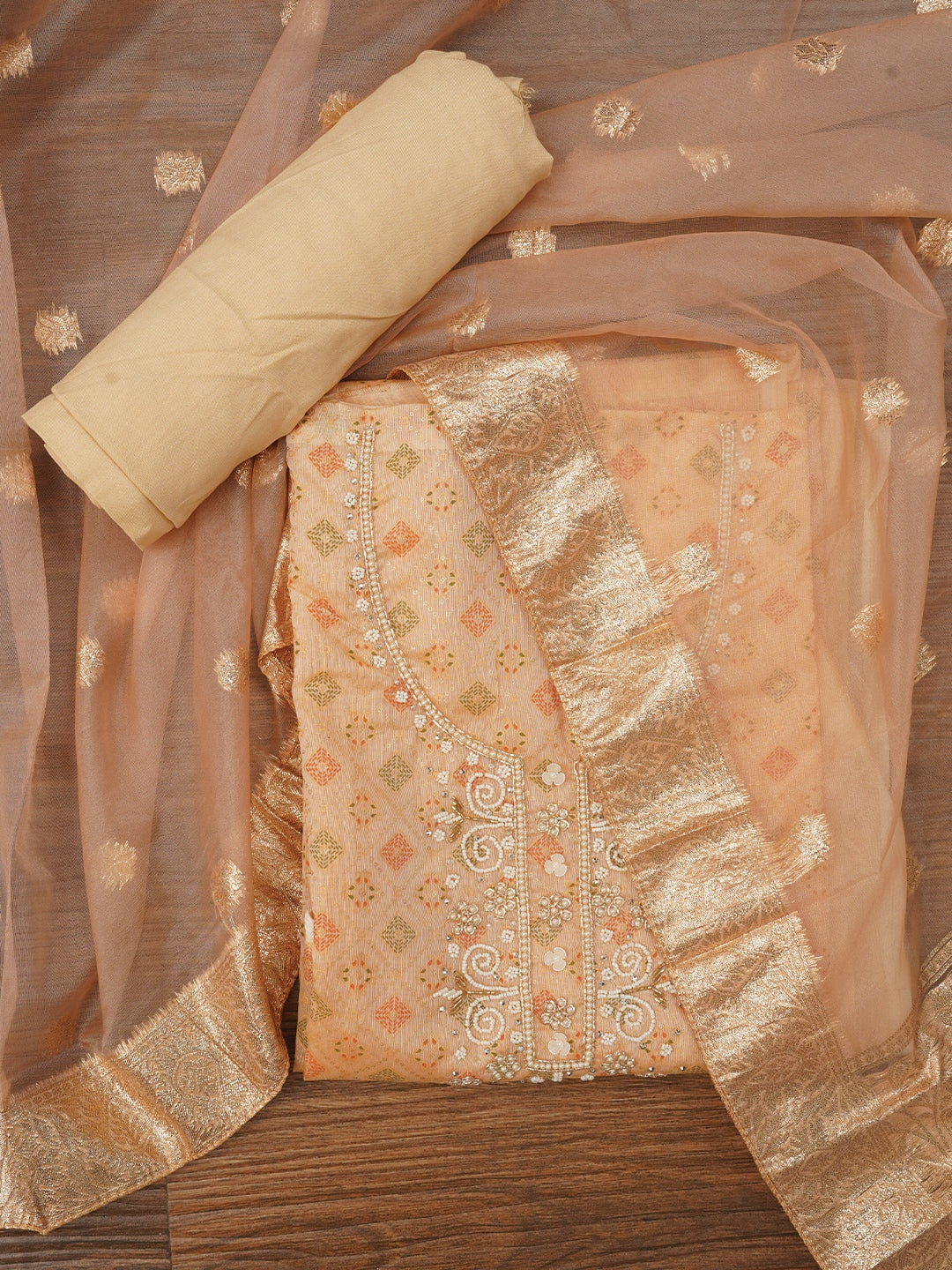 Beige Unstitched Embellished Cotton Blend Dress Material with Dupatta