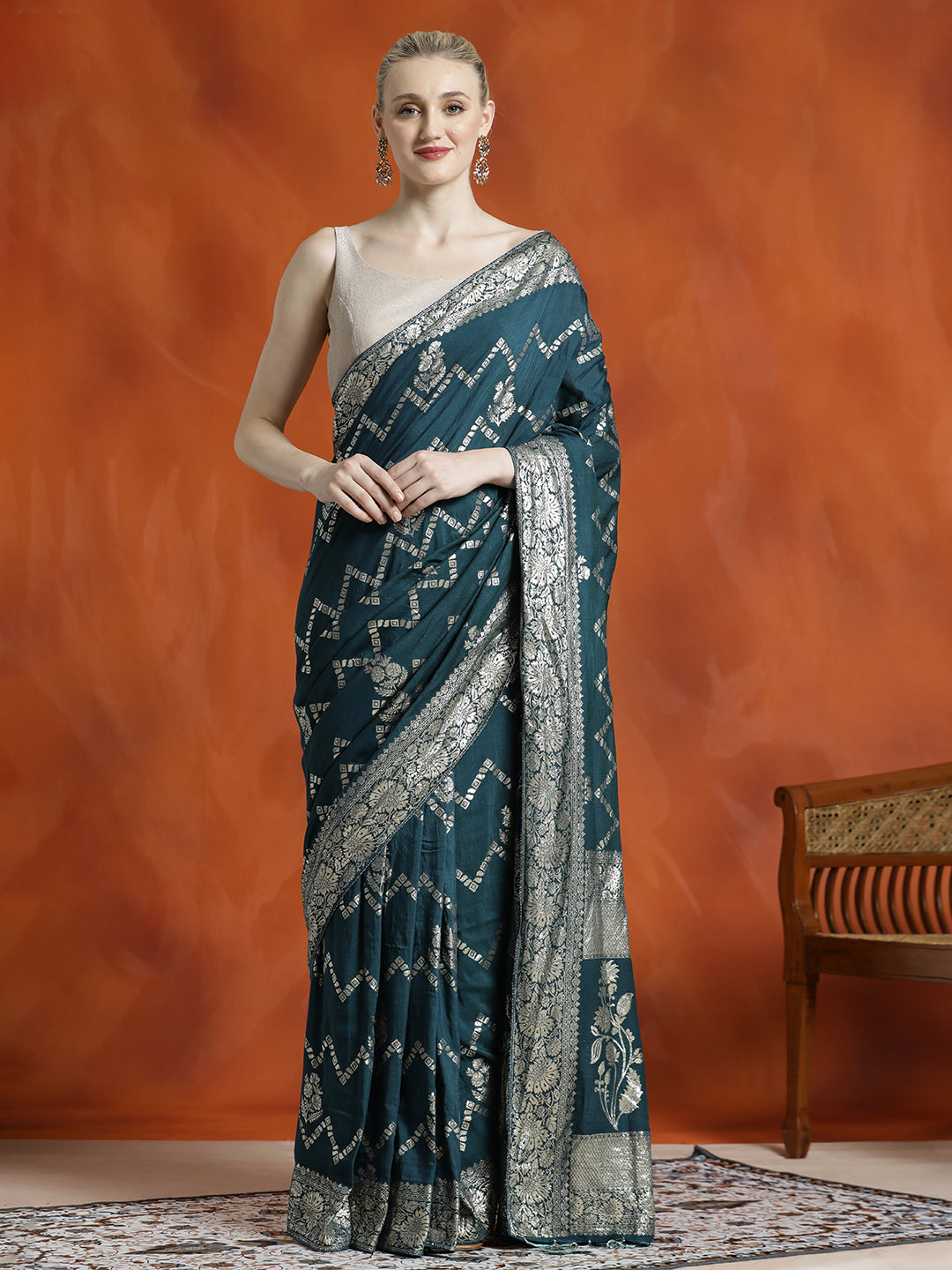 Heavy Banarasi Zari Woven Silk Blend Teal Saree