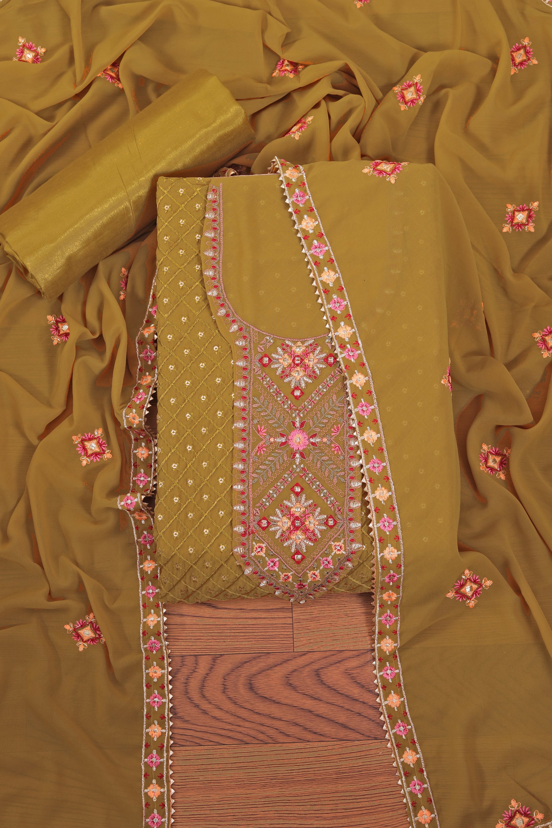 Mustard Sequin Embroidered Poly Georgette Dress Material with Dupatta