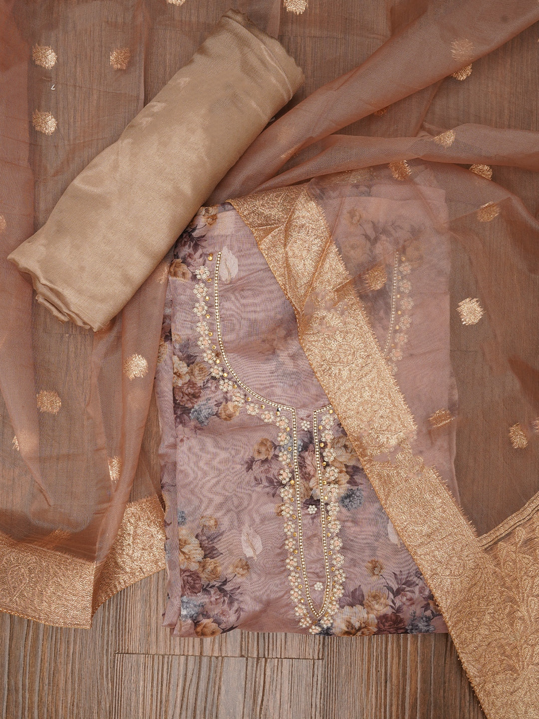 Beige Embellished Floral Printed Organza Dress Material with Dupatta