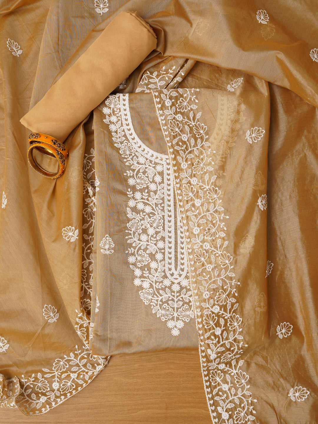 Beige Unstitched Embroidered Cotton Blend Dress Material With Dupatta