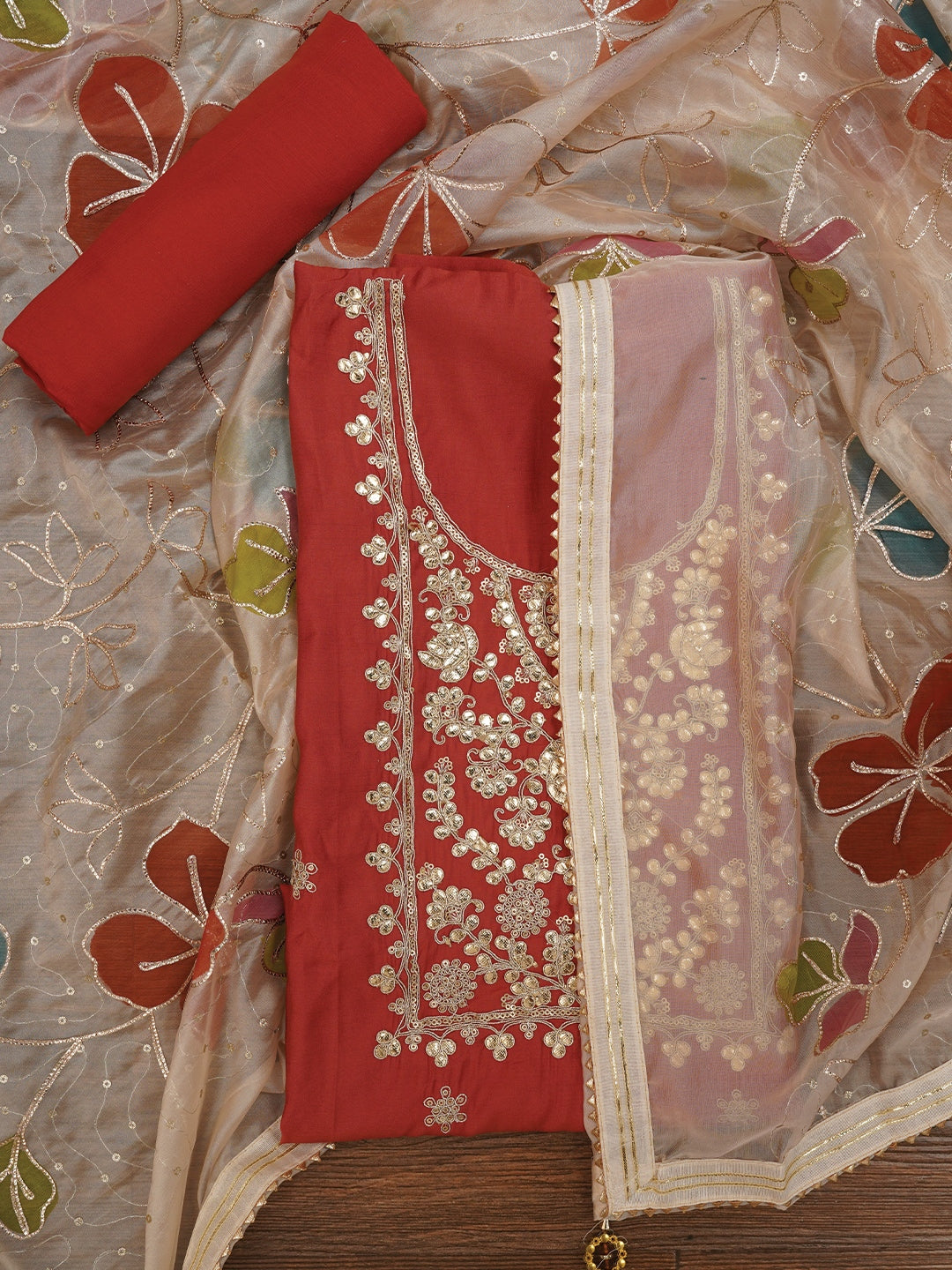 Peach Floral Printed Embroidered Pure Silk Dress Material with Dupatta