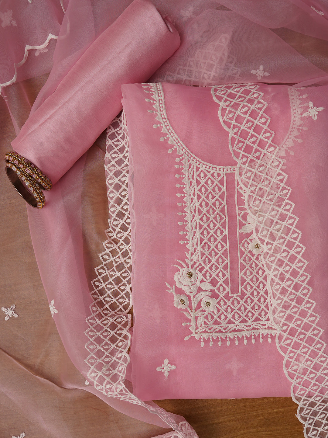 Baby Pink Unstitched Embroidered Organza Dress Material With Dupatta