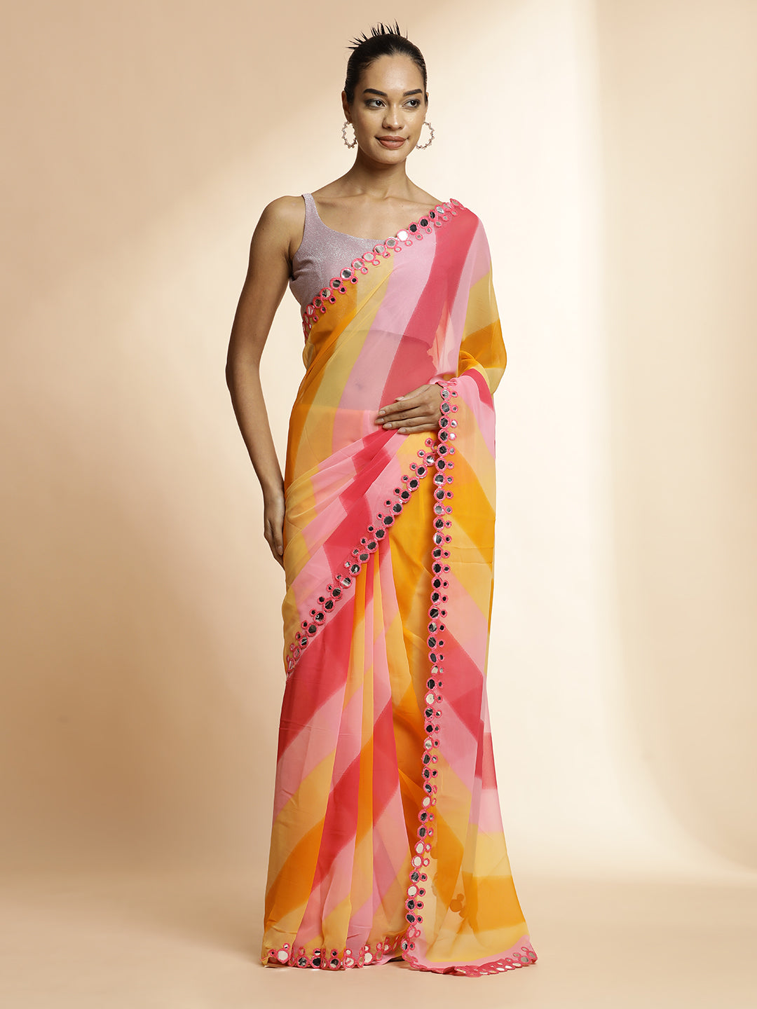 Multi Pure Georgette Leheriya Mirror Work Saree