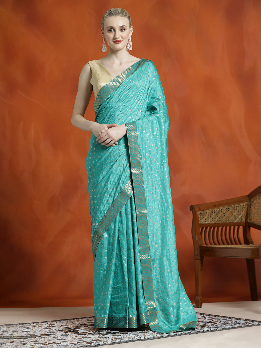 Sea Green Silk Blend Floral Zari Woven Heavy Saree