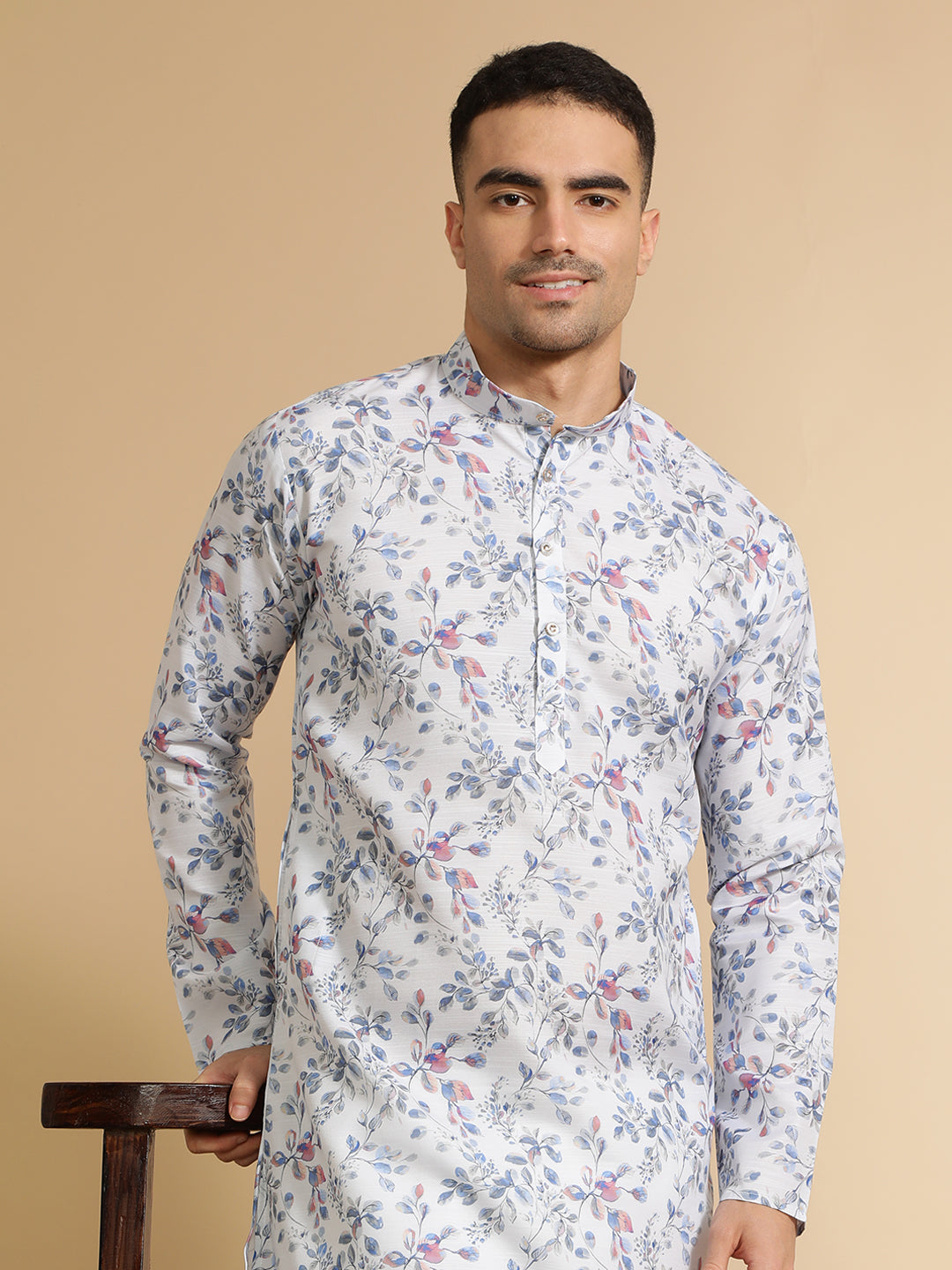 Floral Printed Off White & Blue Cotton Kurta for Men