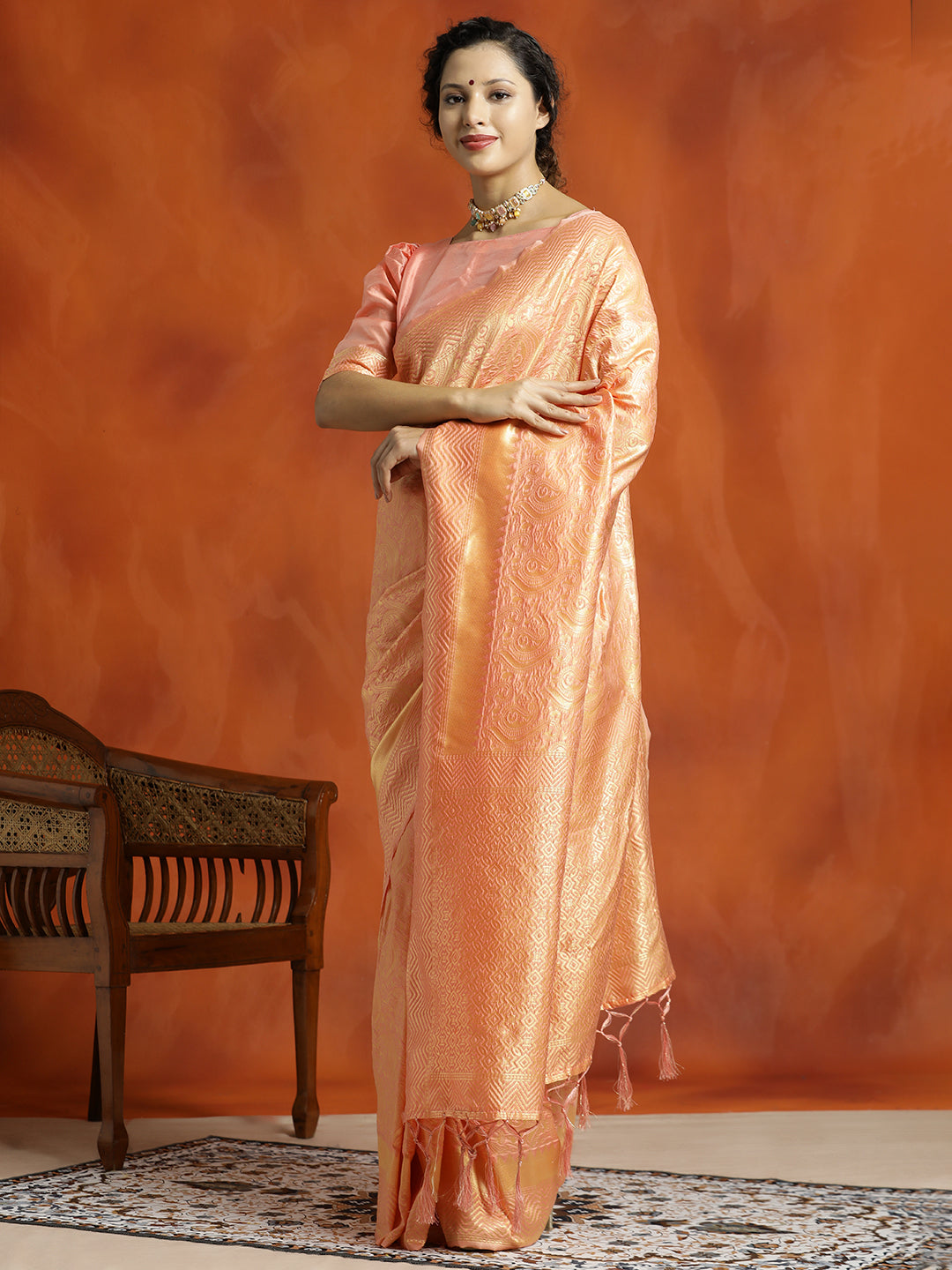 Peach Silk Banarasi Zari Woven Heavy Saree