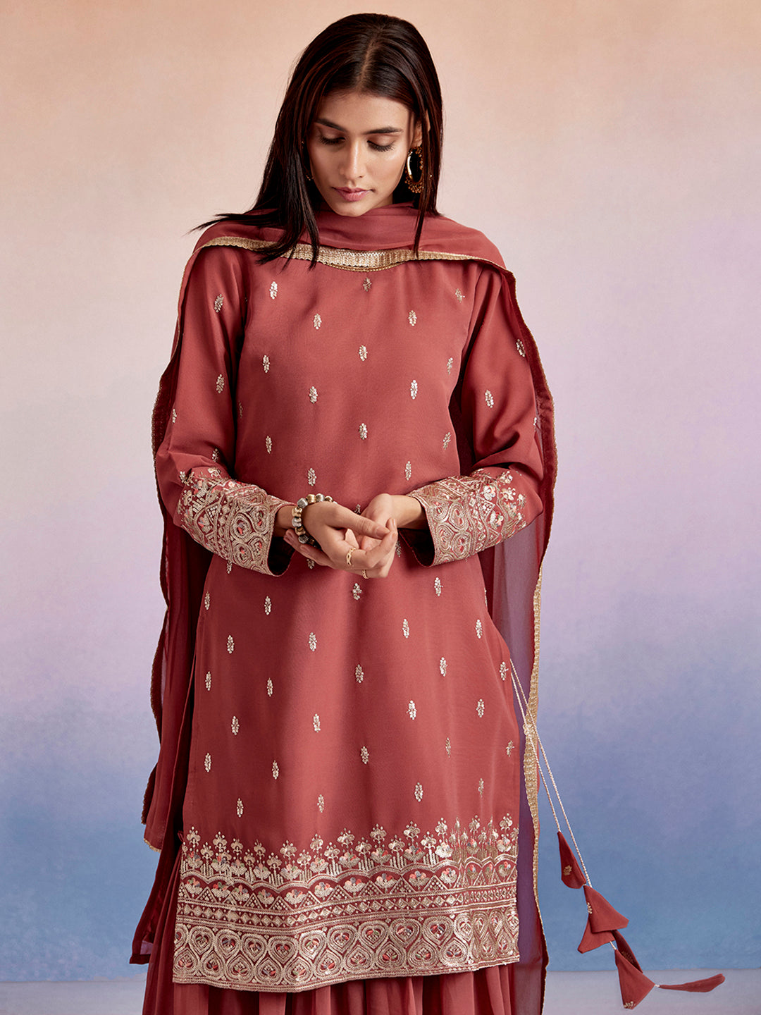 Embroidered Dusty Peach Straight Kurta With Sharara And Dupatta