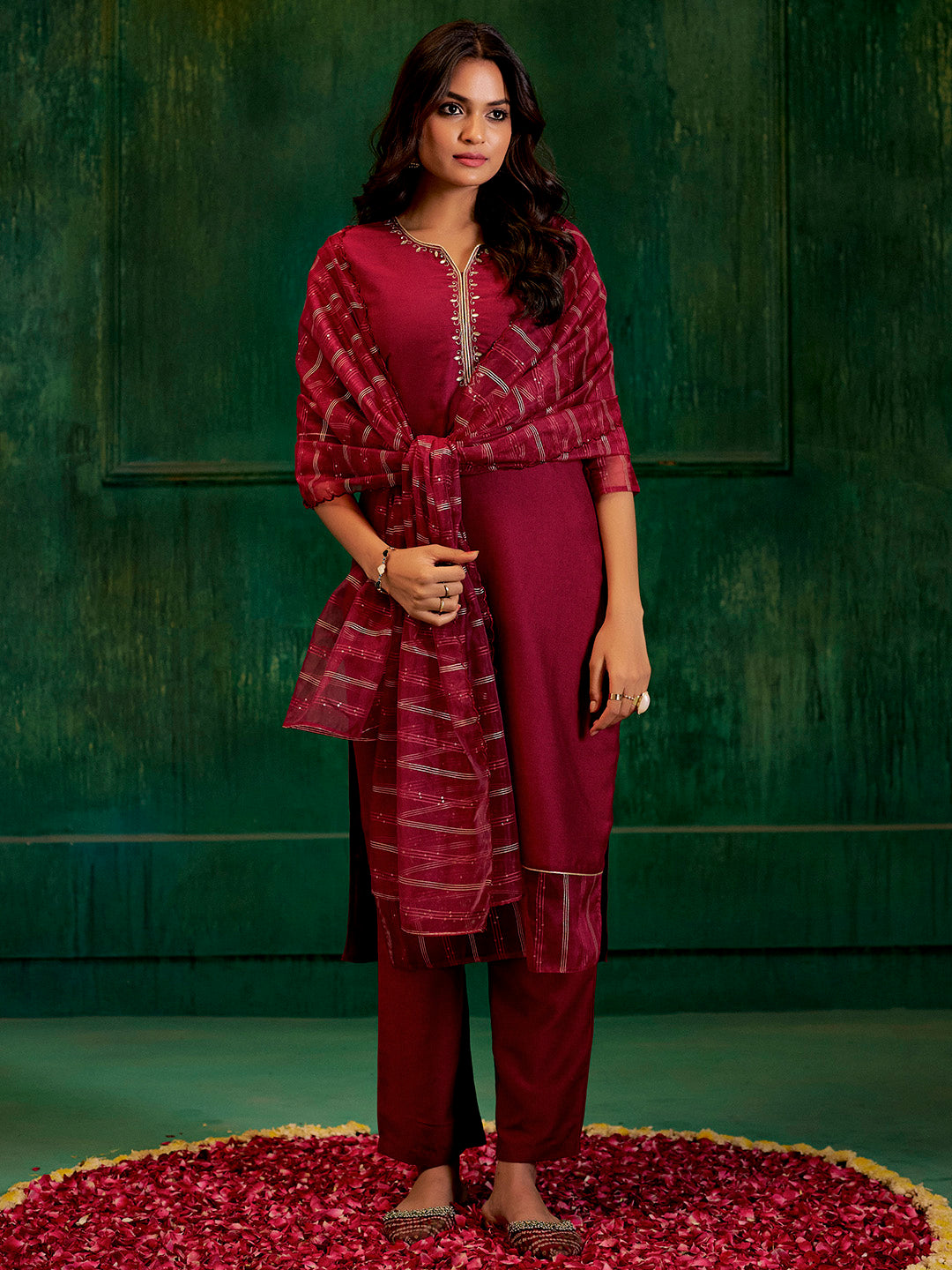 Maroon Festive Embroidered Poly Silk Kurta Set With Dupatta