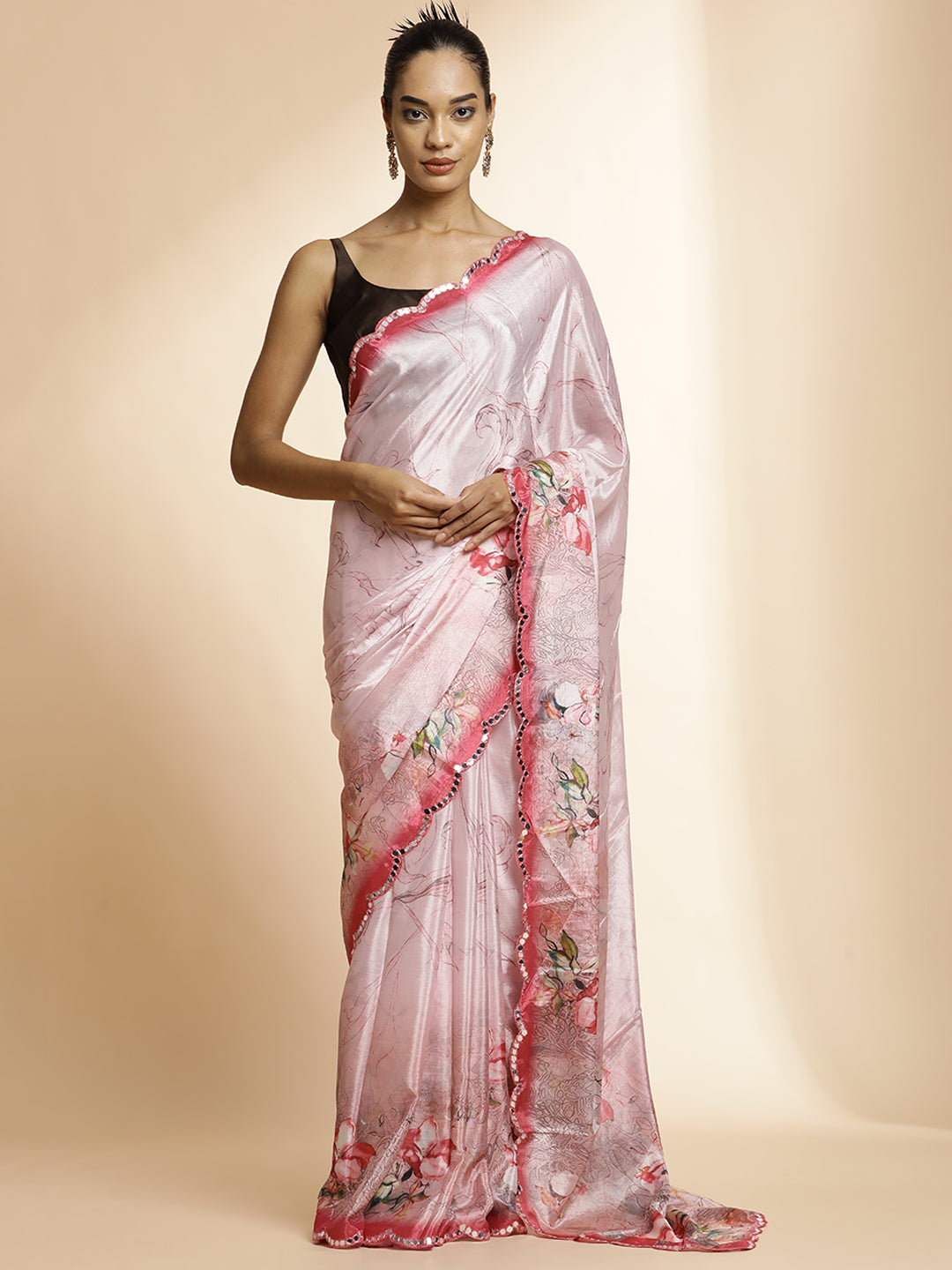 Pink Mirror Work Satin Floral Saree