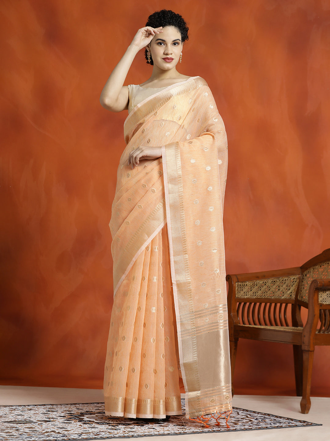 Zari Woven Orange Banarasi Organza Saree