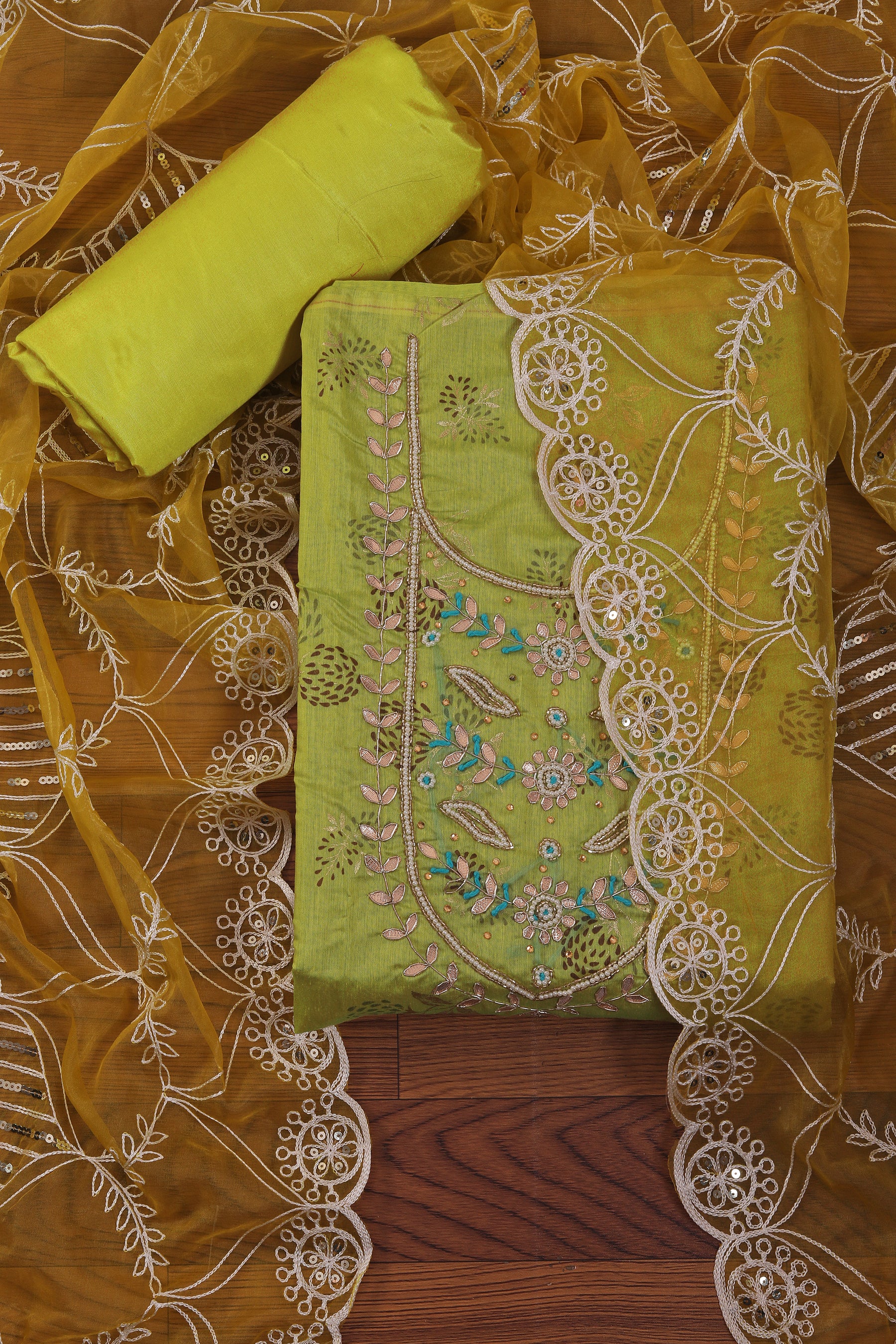 Light Green Unstitched Embellished Cotton Dress Material With Dupatta