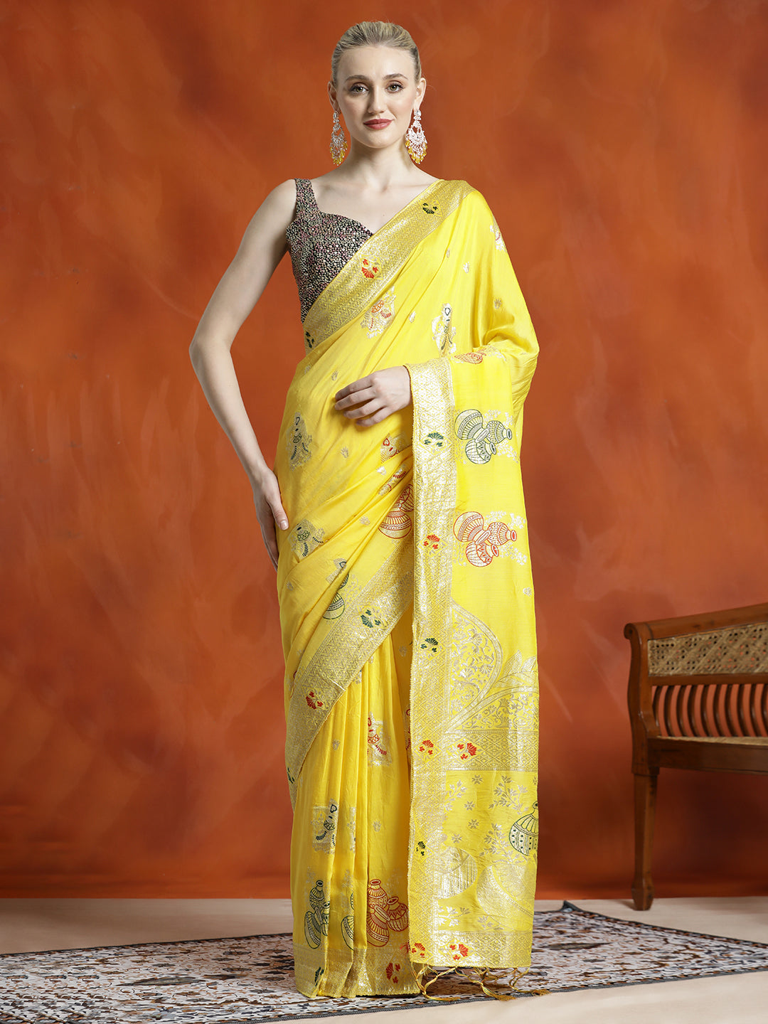 Yellow Heavy Banarasi Zari Woven Silk Blend Saree