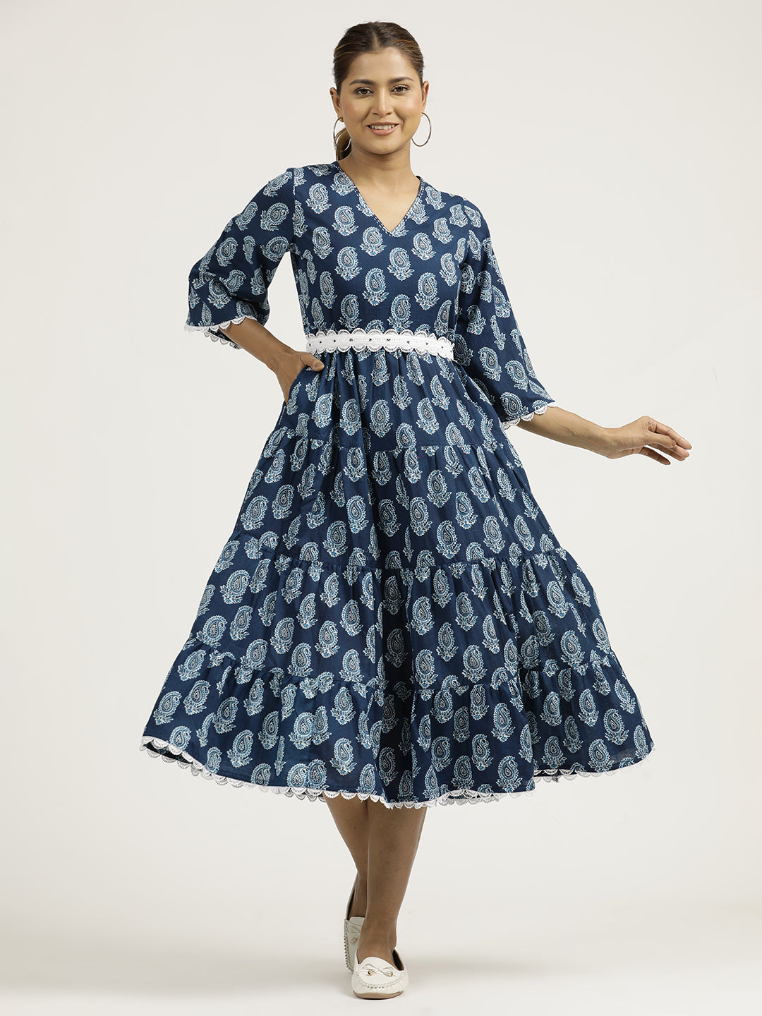 Paisley Indigo Blue Tier Cotton Dress With Belt