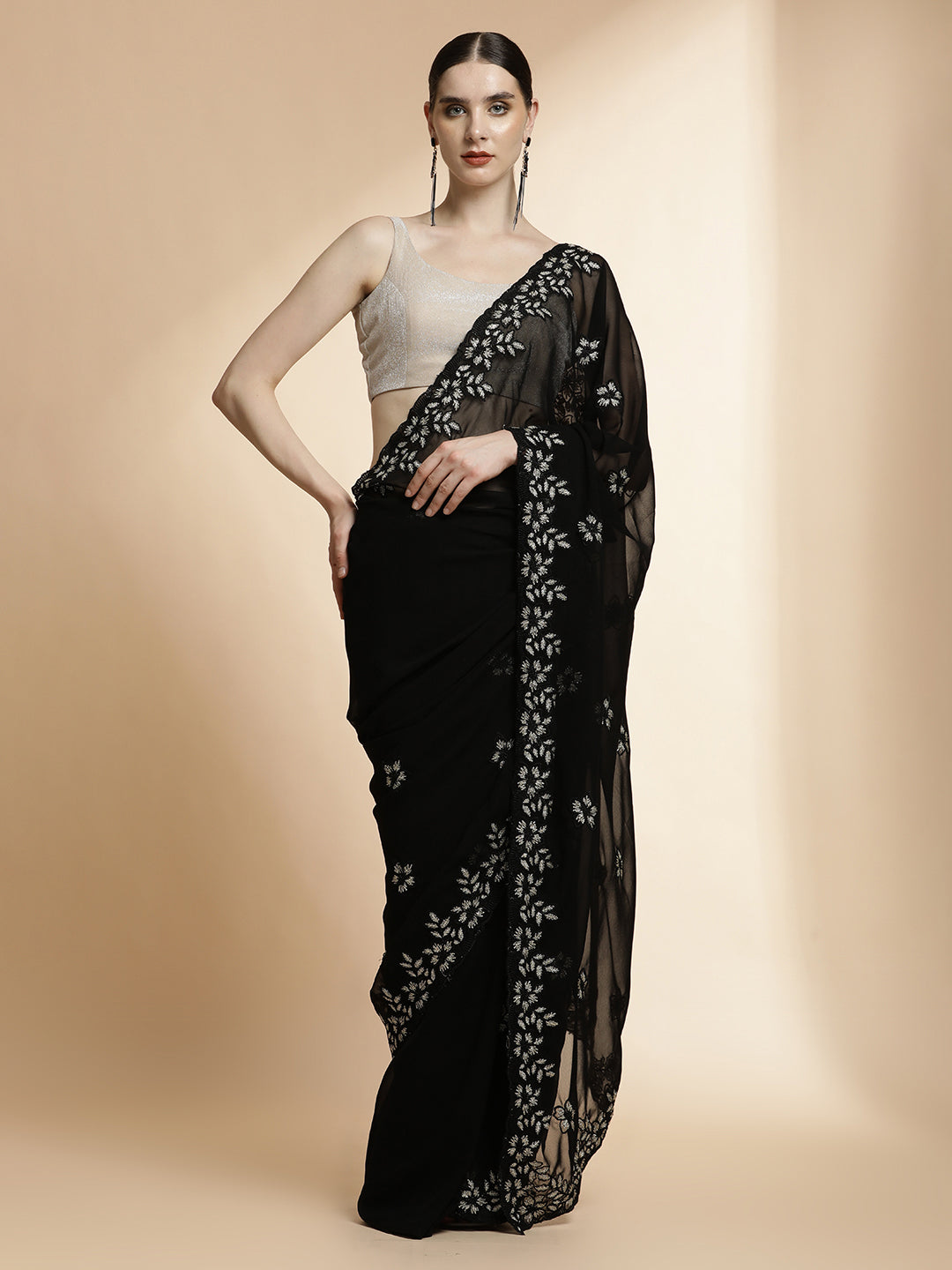 Party Wear Embroidered Pure Georgette Black Saree