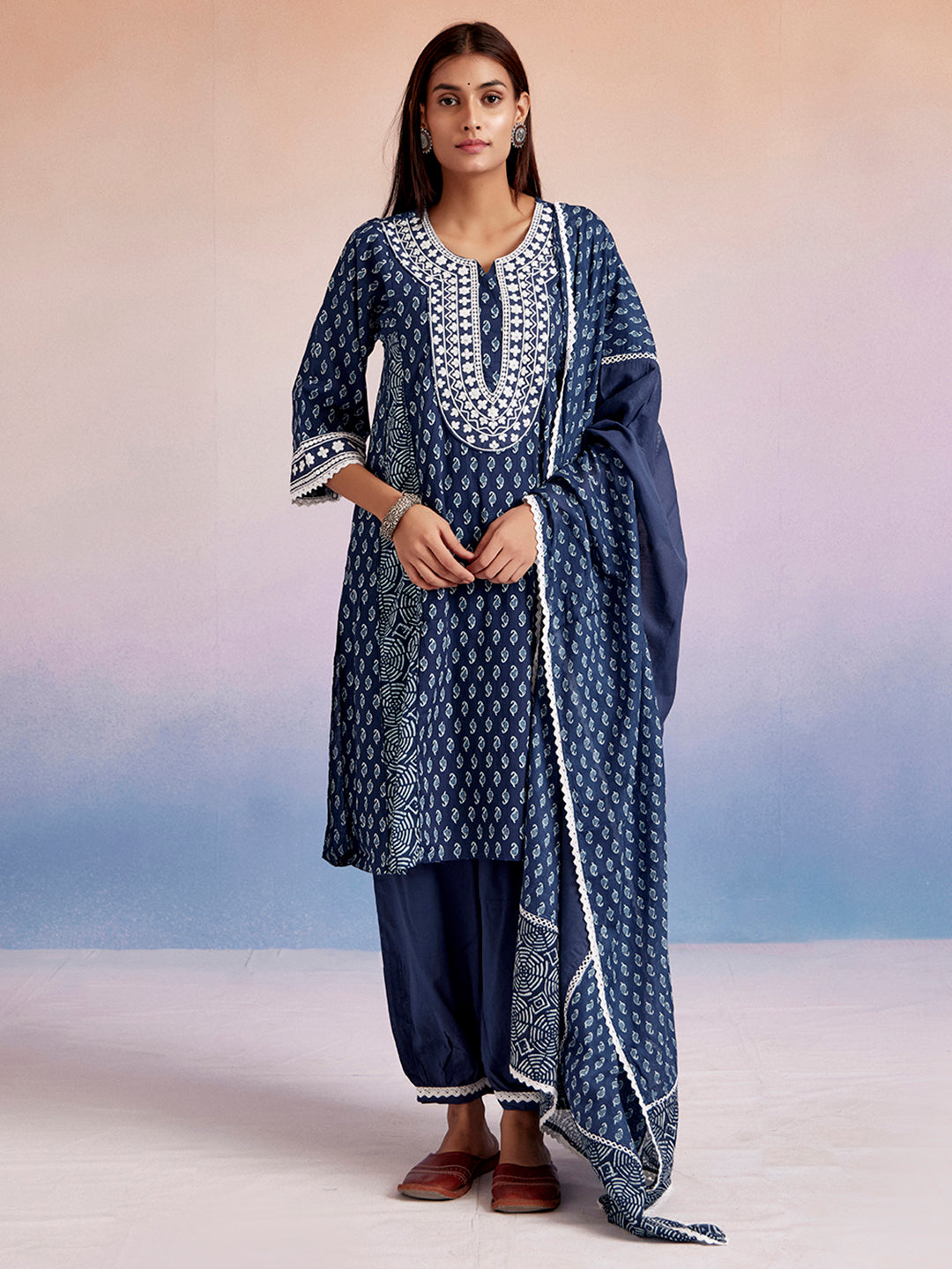 Indigo Printed Pakistani Kurta Set With Dupatta