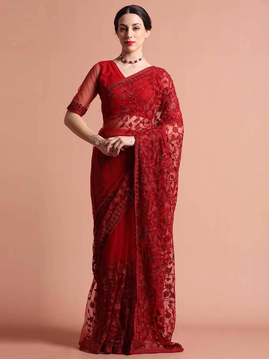 Maroon Party Wear Floral Embroidered Net Saree