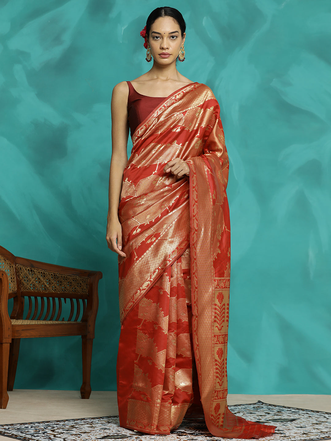 Party Wear Zari Red Banarasi Saree