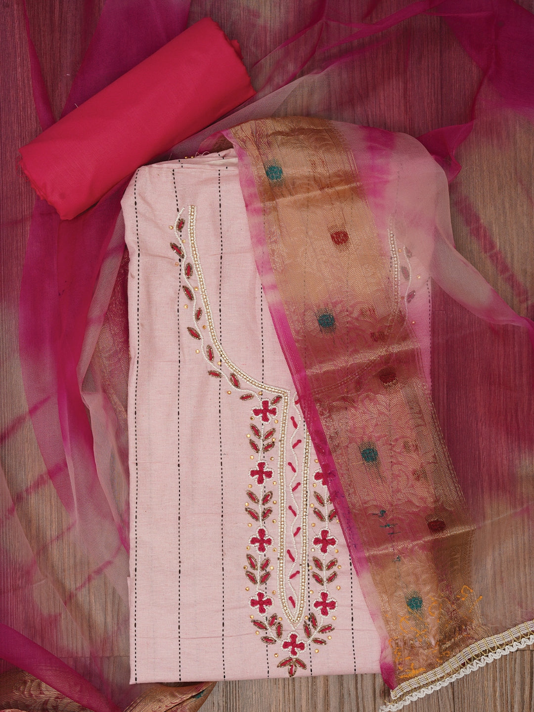 Pink Cotton Woven Design Embellished Dress Material with Dupatta