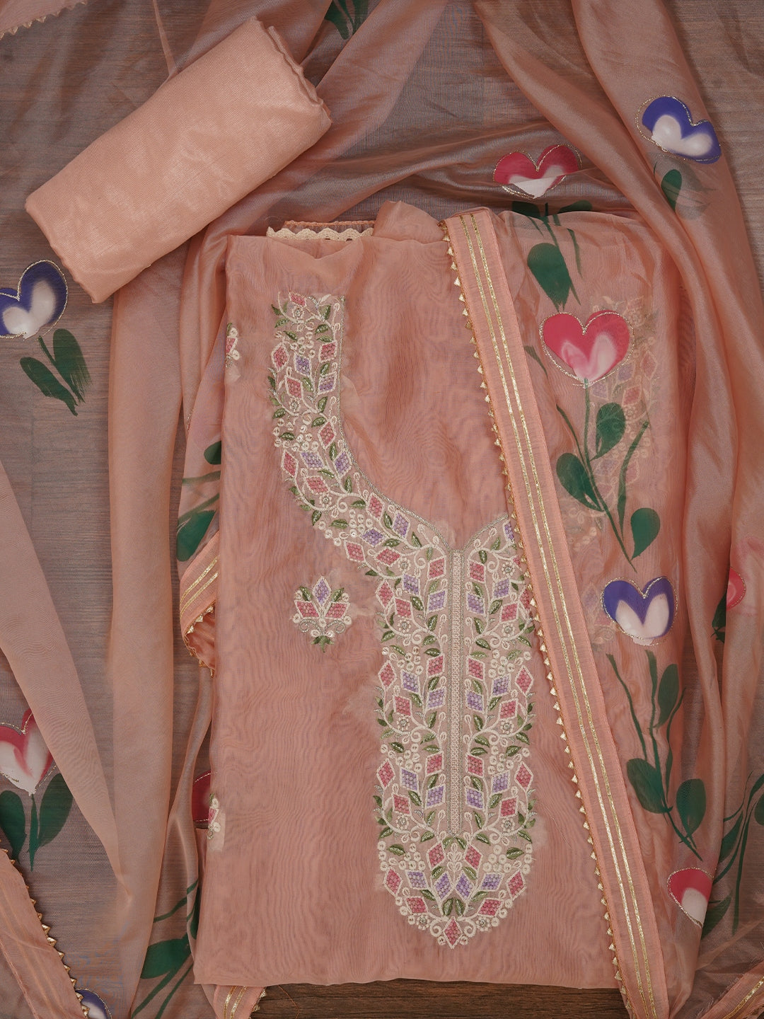 Handpainted Embroidered Pink Dress Material with Dupatta