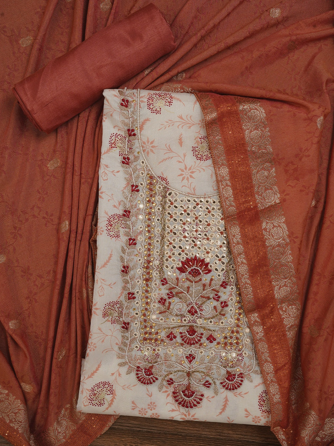 Festive Silk Blend Zari Woven Off White Dress Material With Dupatta