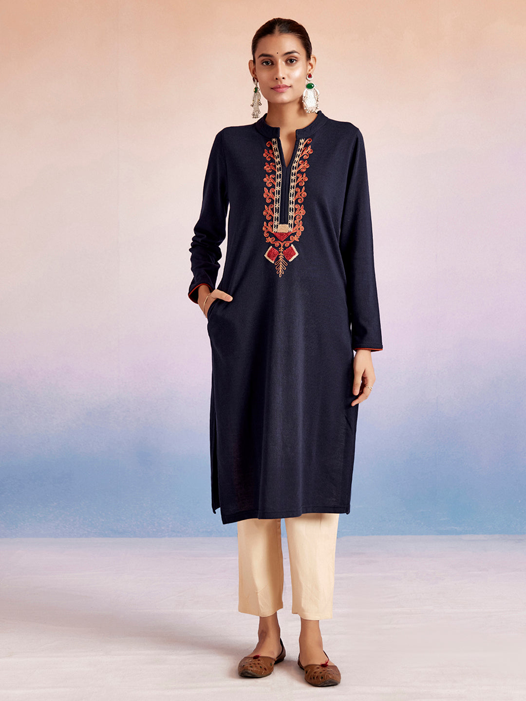 Navy Blue Embroidered Straight Woolen Kurta