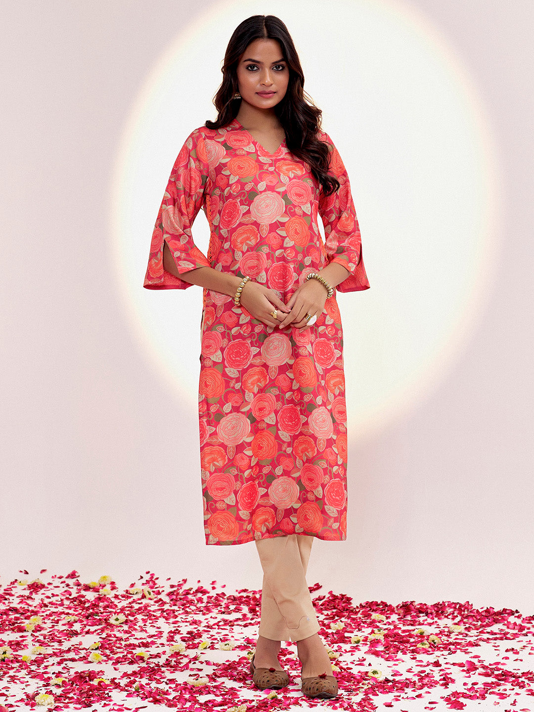 Rust Floral Printed Festive Straight Kurta