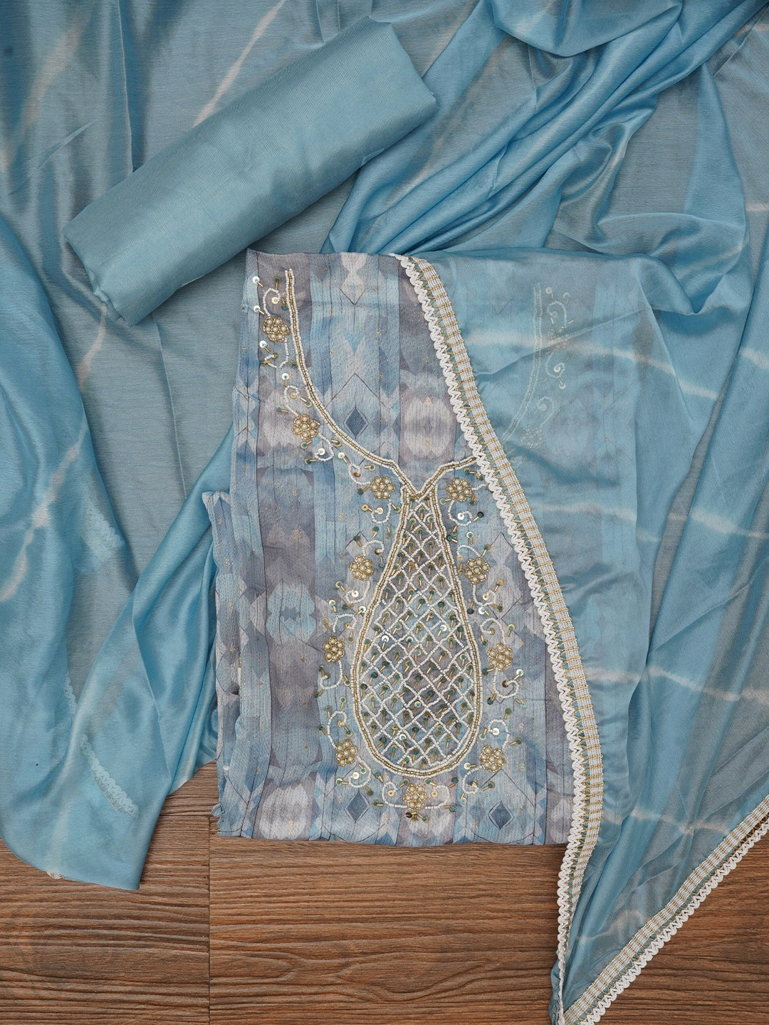 Teal Blue Leheriya Embroidered Dress Material with Dupatta