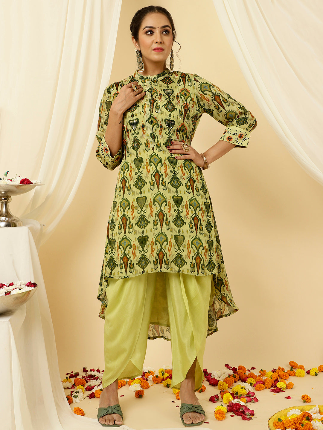 Ikat Printed Asymmetric Kurta With Dhoti Set