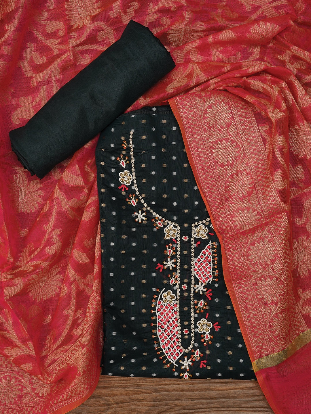 Black Unstitched Zari Embellished Cotton Blend Dress Material with Dupatta