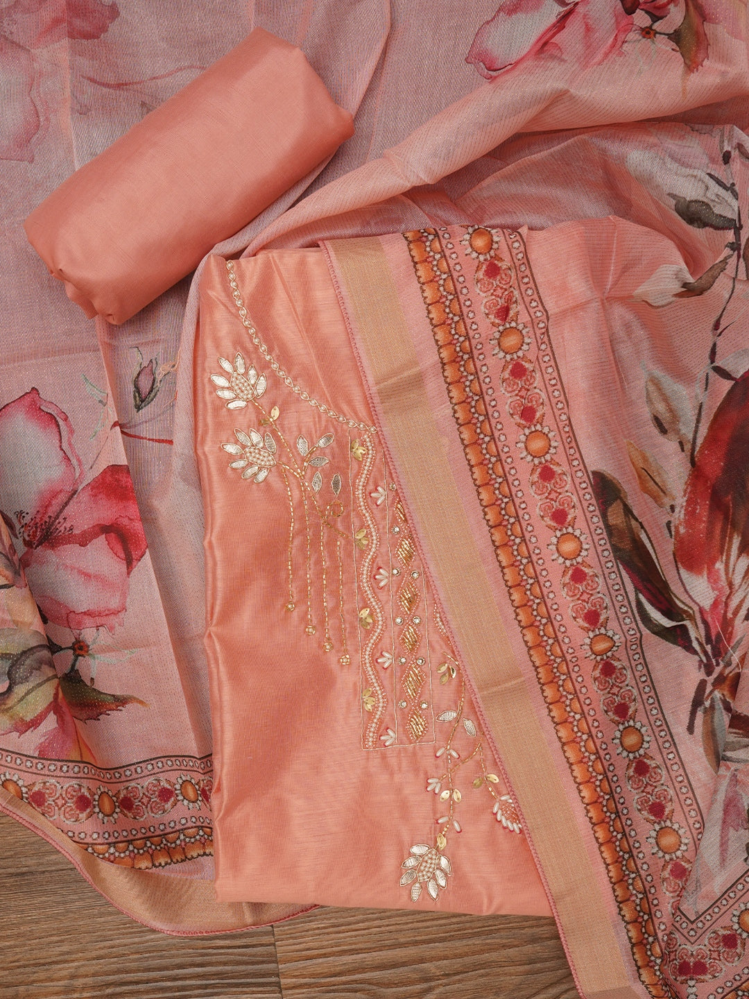 Peach Unstitched Zari Woven Design Cotton Dress Material with Dupatta