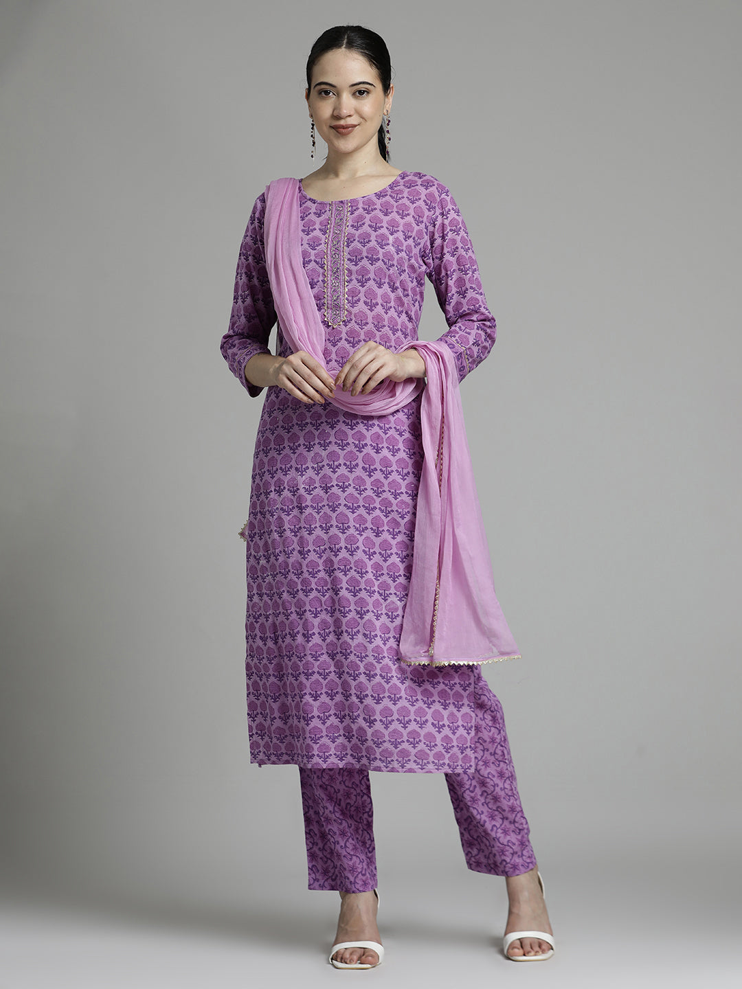 Ethnic Printed Pure Cotton Purple Suit Set