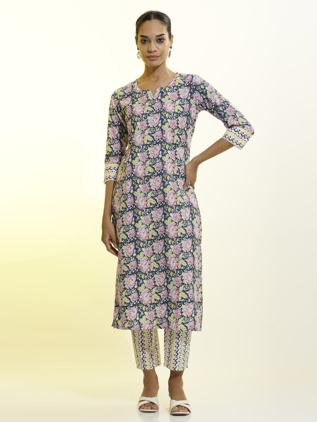 White Floral Printed Cotton Straight Kurta Set