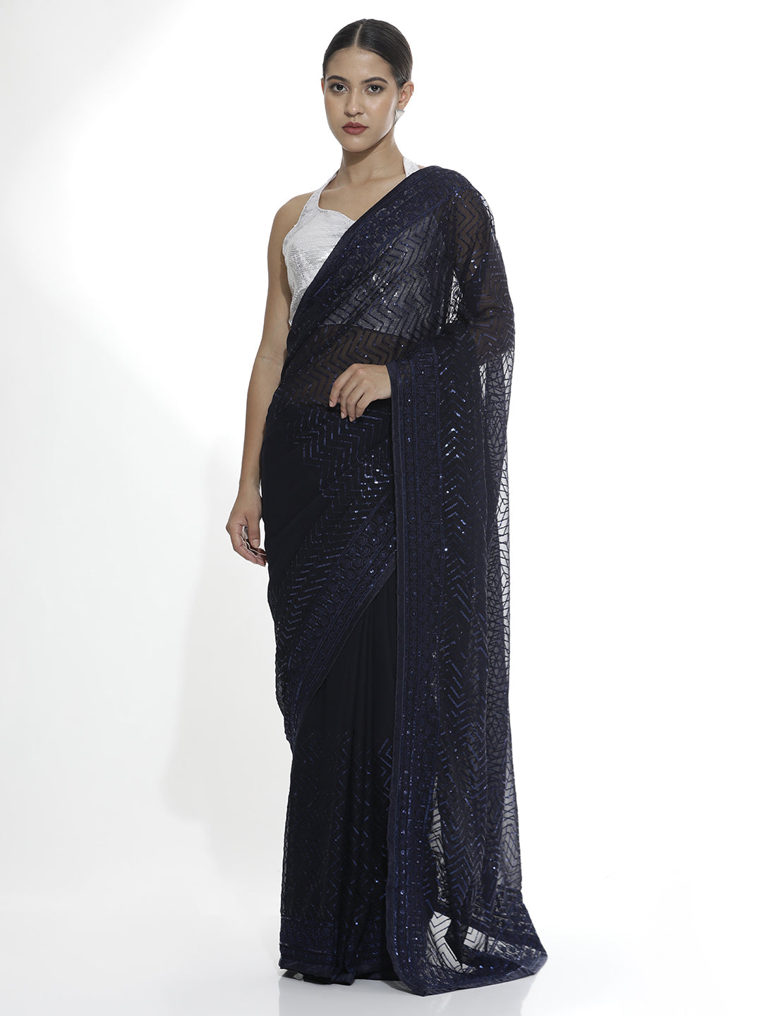 Pure Georgette Blue Sequins Saree