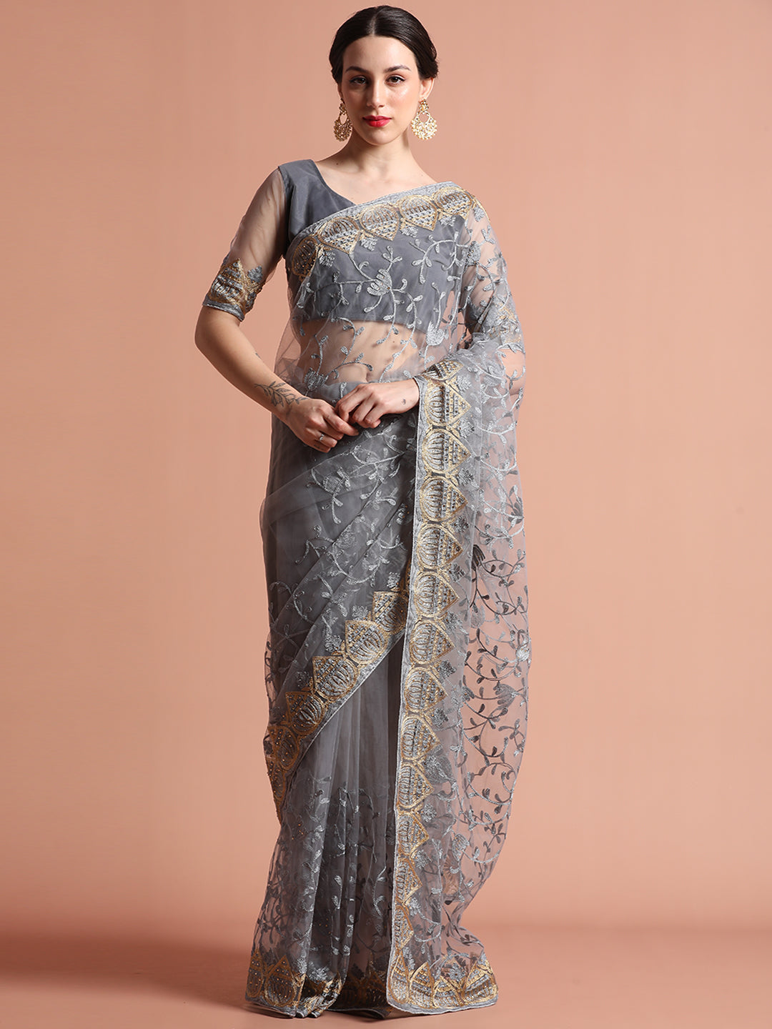 Grey Floral Embroidered Net Party Wear Saree