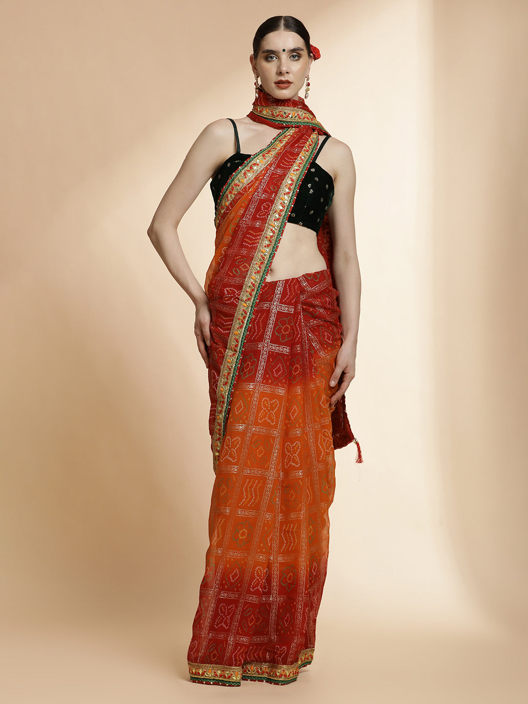 Festive Red Embroidered Bandhani Pure Georgette Saree