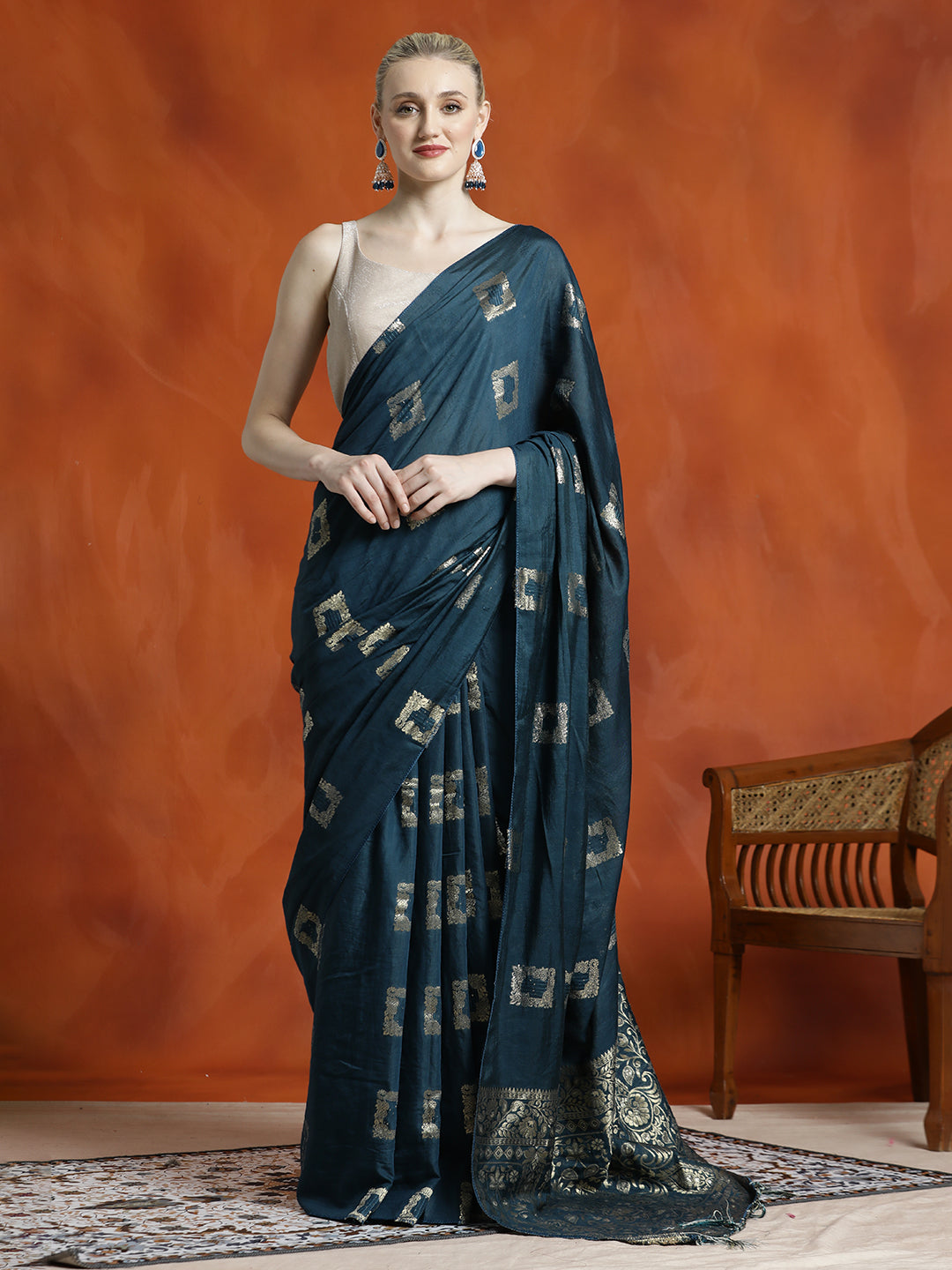 Banarasi Teal Zari Woven Cotton Blend Saree