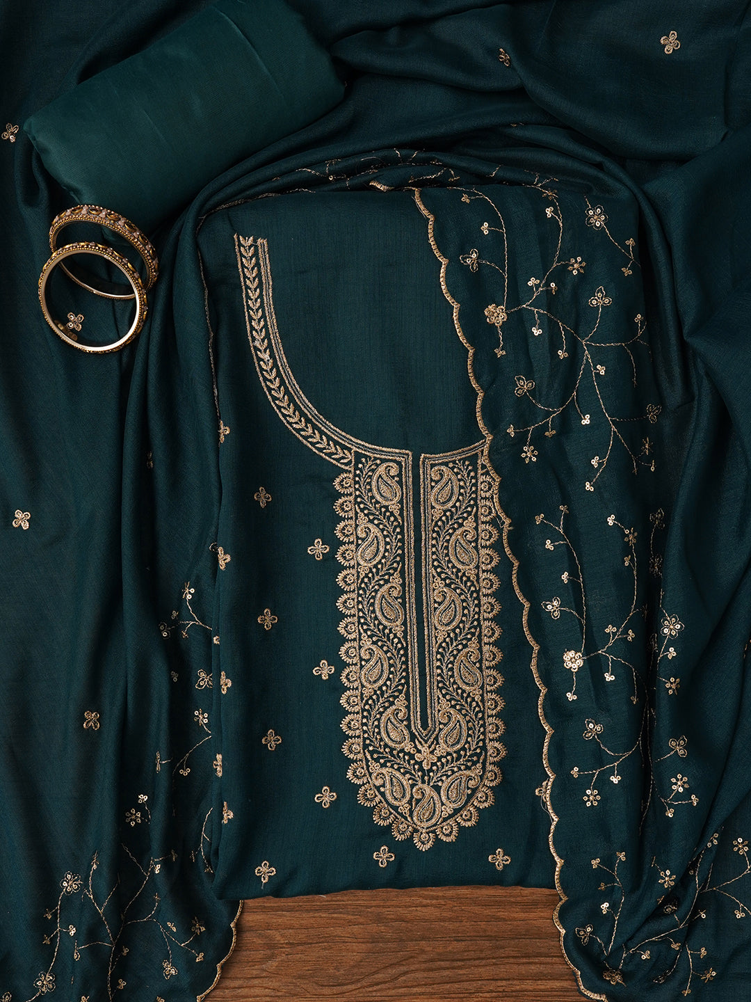 Teal Unstitched Embroidered Cotton Blend Dress Material With Dupatta