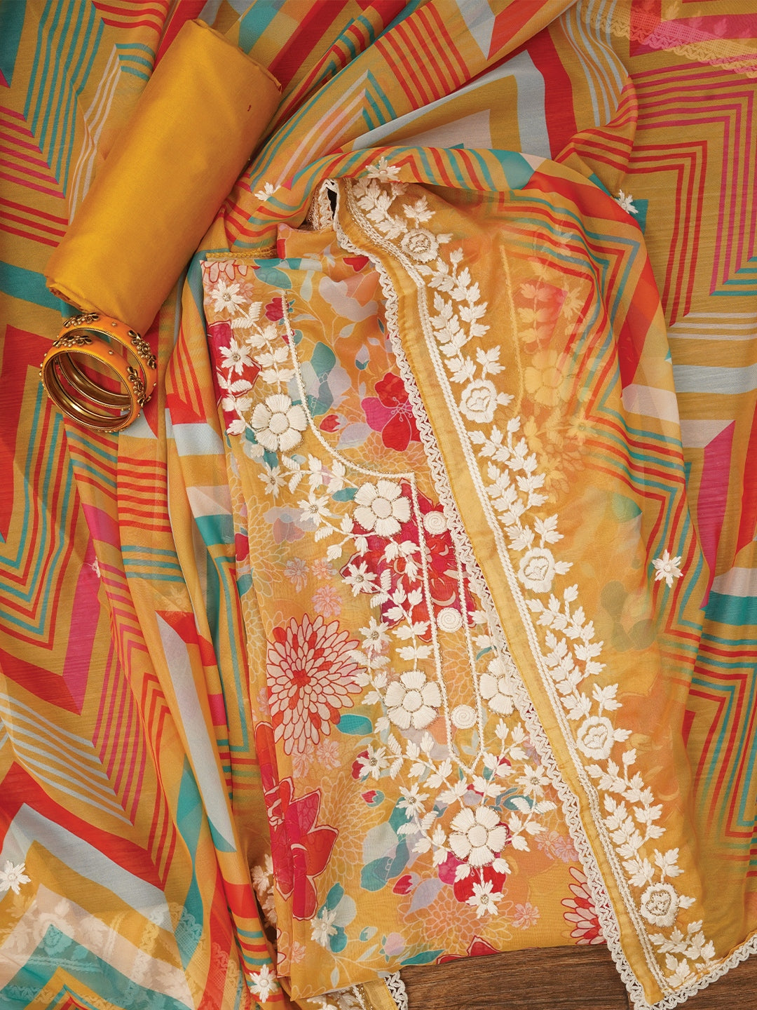 Yellow Lucknowi Embroidered Organza Dress Material with Dupatta