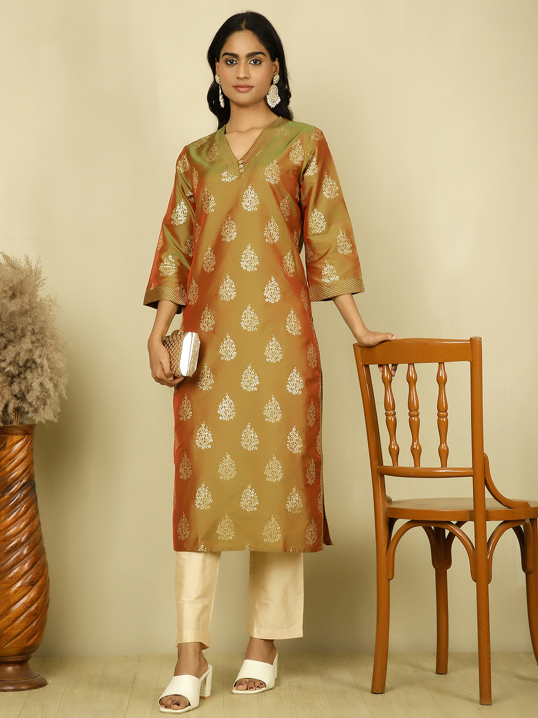 Olive Green Ethnic Printed Straight Kurta