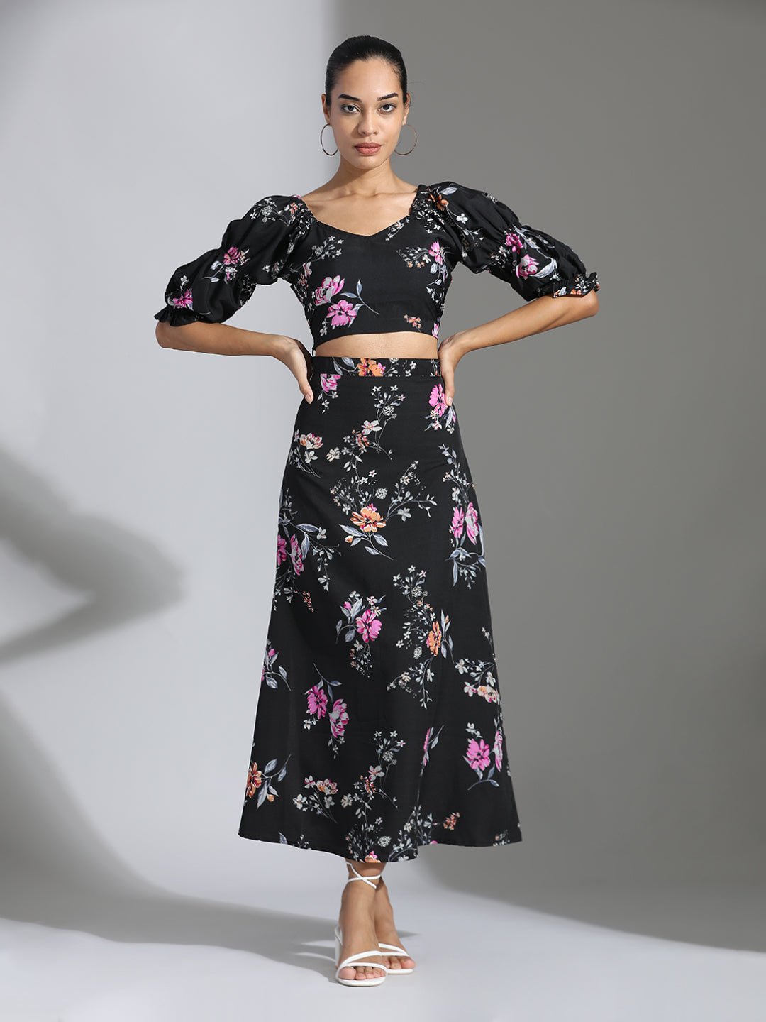 Floral Printed Crop Top With Skirt Black Co-ord Set