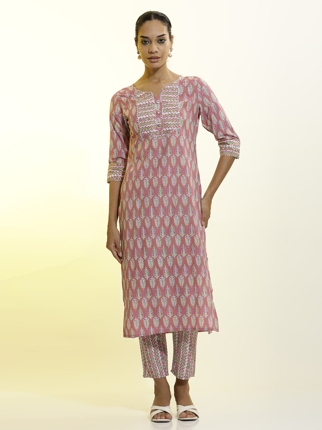 Peach Ethnic Motif Printed Cotton Blend Kurta Set