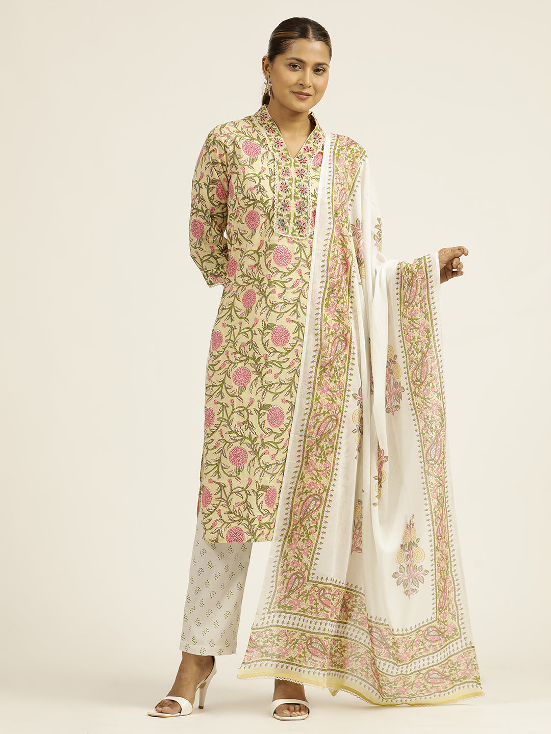 Light Yellow Ethnic Motif Cotton Hand Embroidered Suit Set