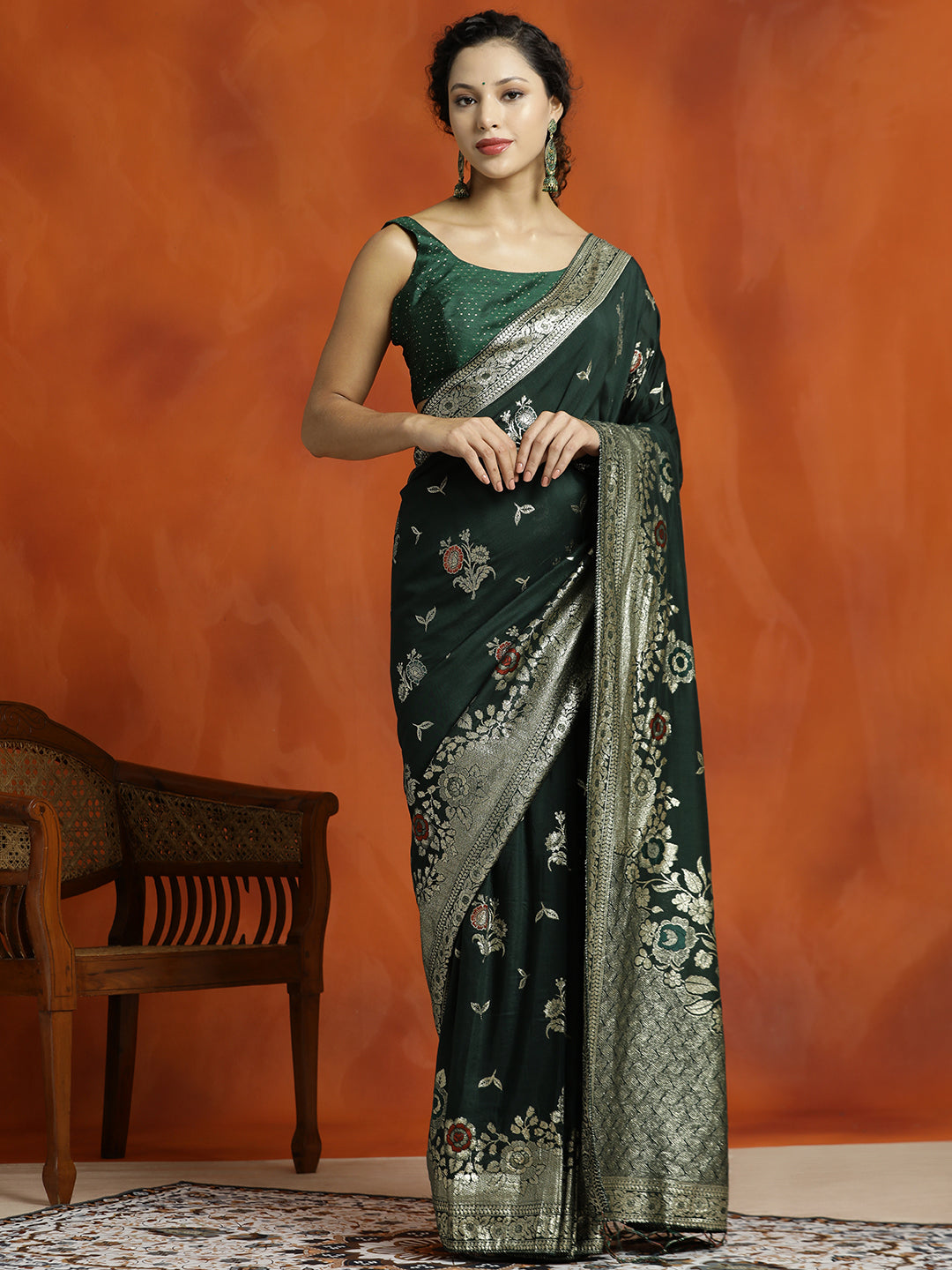 Green Silk Banarasi Floral Zari Woven Design Saree