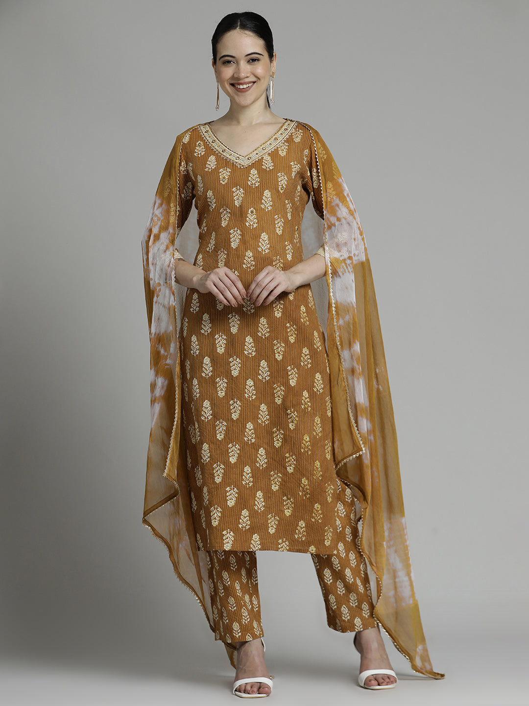 Brown Ethnic Motif Printed Pure Cotton Suit Set