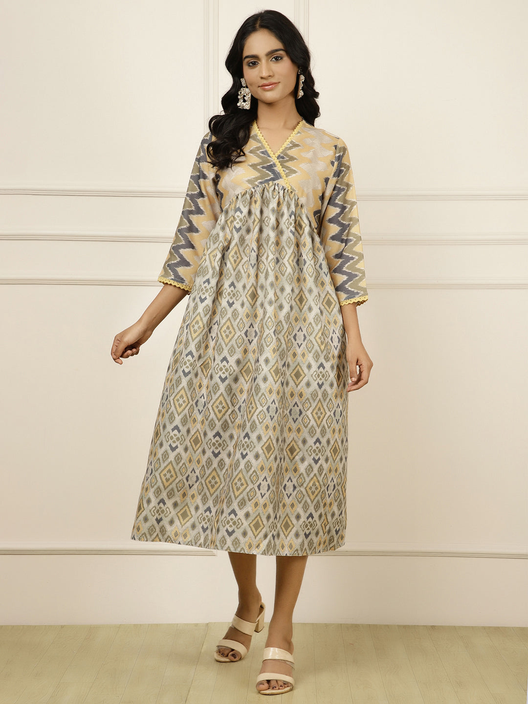 Mustard Geometric Printed Gathered Dress