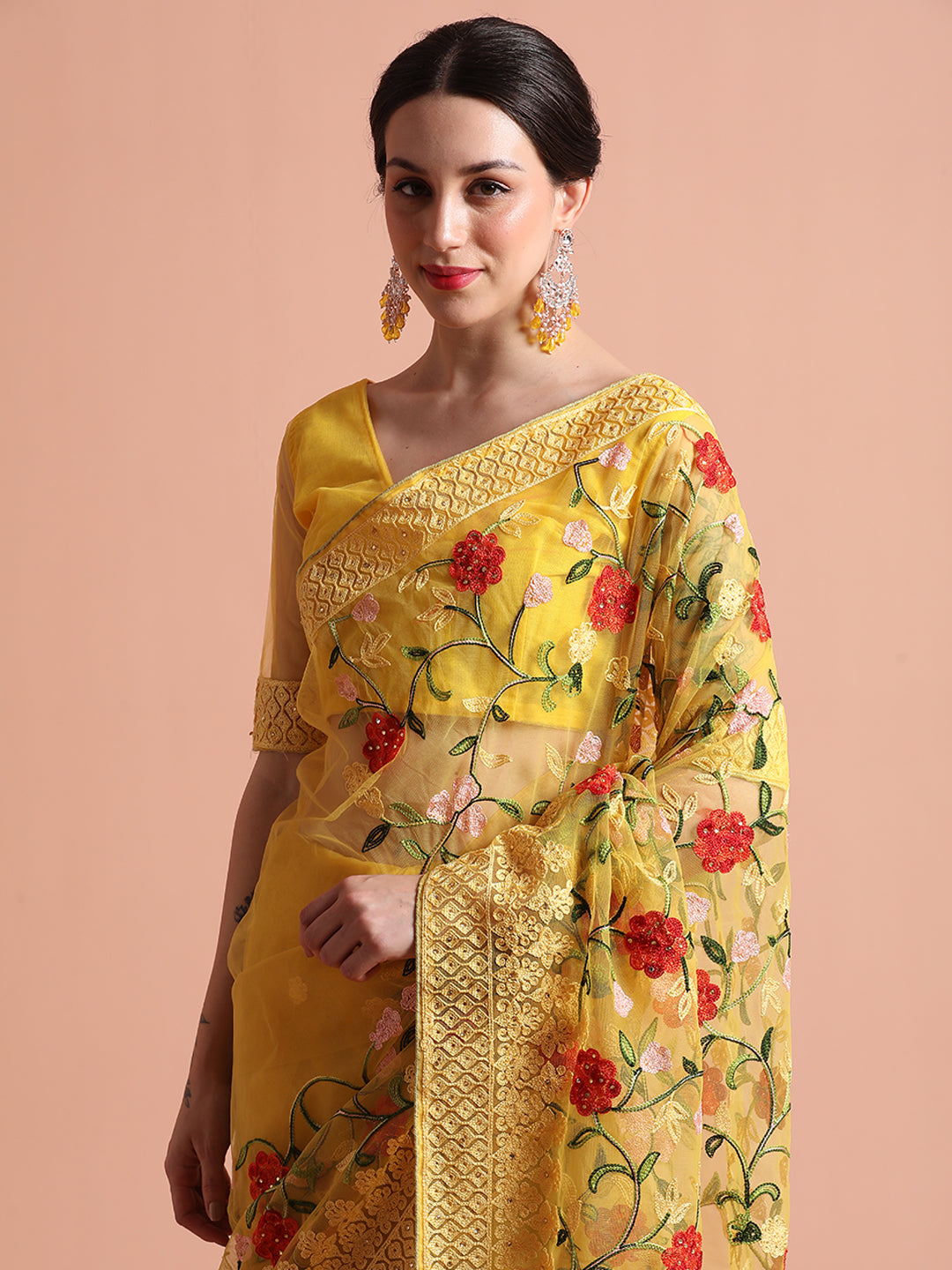 Yellow Heavy Floral Embroidered Net Party Wear Saree