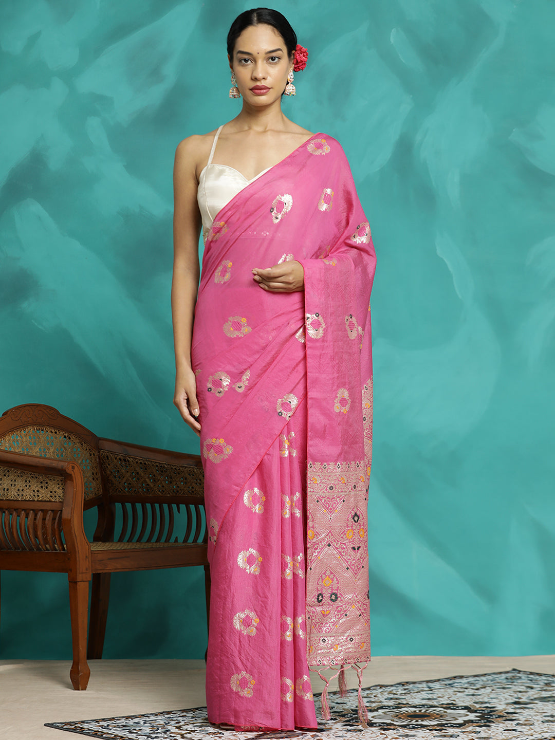 Pink Silk Blend Party Wear Banarasi Saree