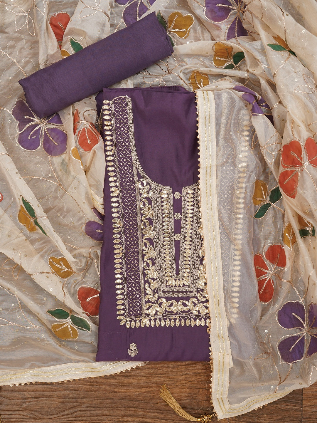 Lavender Handpainted Embroidered Pure Silk Dress Material with Dupatta